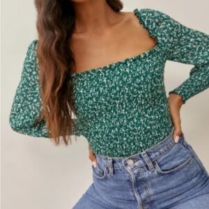 Reformation Pinto Top Green Floral Smocked Women's Top